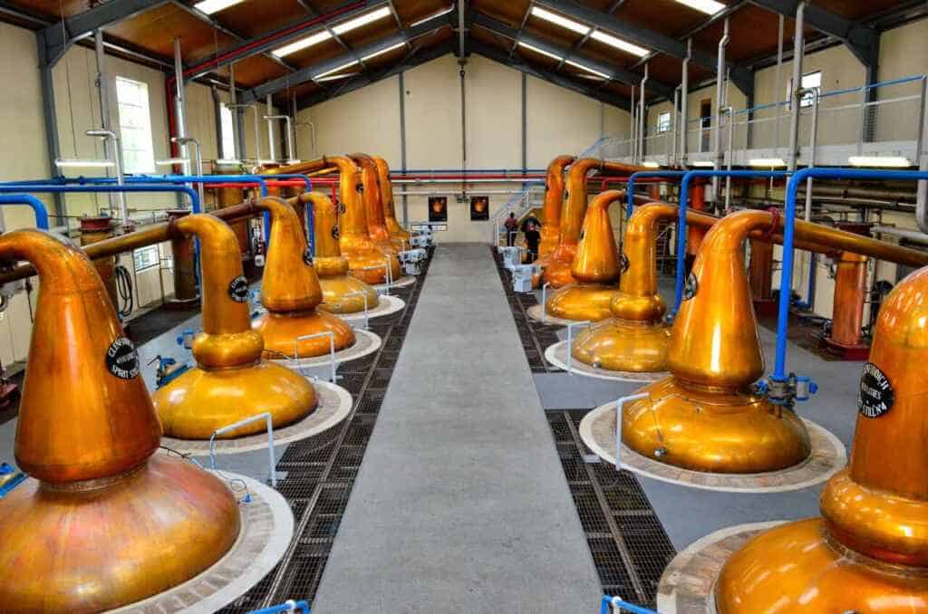 Interior of Glenfiddich distillery hall with pot stills