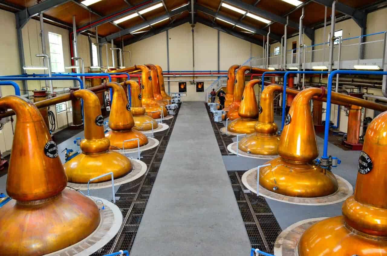Interior of Glenfiddich distillery hall with pot stills