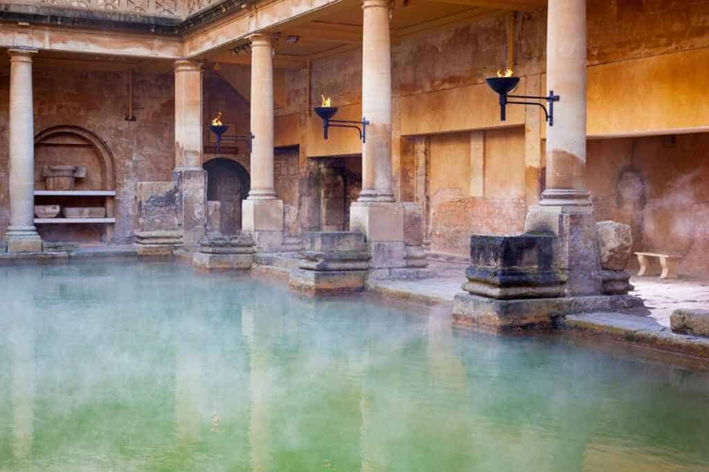Misty view of the Roman Baths in Bath, England