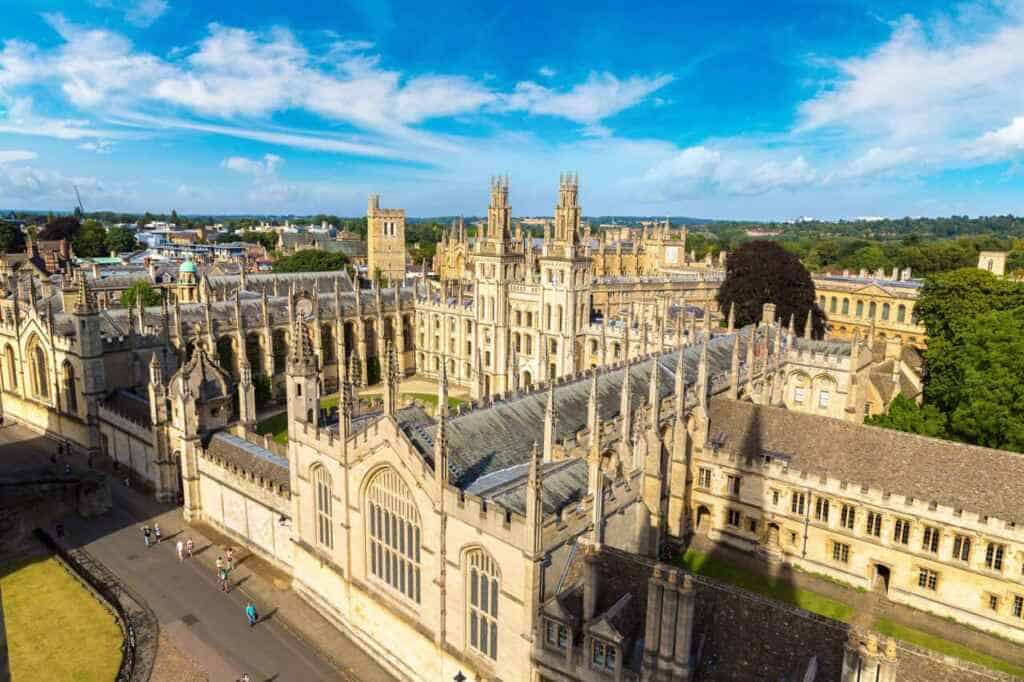 Panoramic aerial view of All Souls College, Oxford University, Oxford in a beautiful summer day, England, United Kingdom