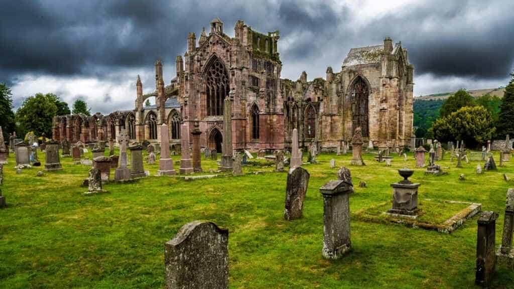 Graveyard and Ruins of Melrose Abbey in Scotland