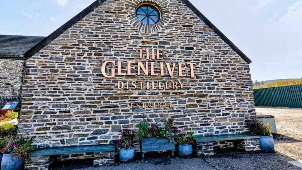 Dufftown Region, Scotland - September 23, 2023: Exterior signage around The Glenlivet Whiskey Distillery in the region around Dufftown in Scotland