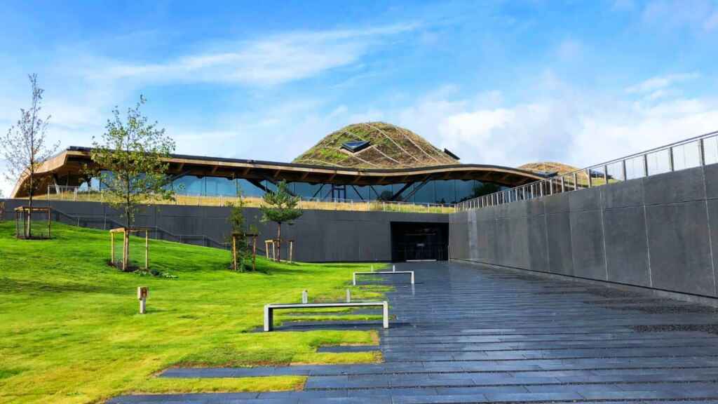 CRAIGELLACHIE, MORAY, SCOTLAND – Scotch distillery tours in Scotland: Entrance to impressive modern architecture of new Macallan Distillery and Visitor Experience where they distil and mature their single malt whisky.