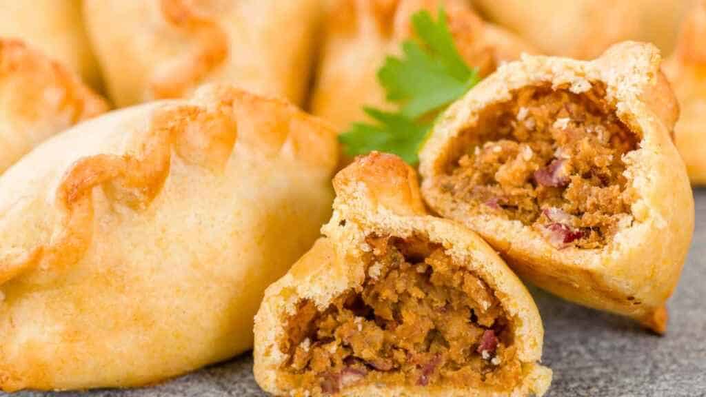 Cornish Pasty cut open showing meat and potatoes inside