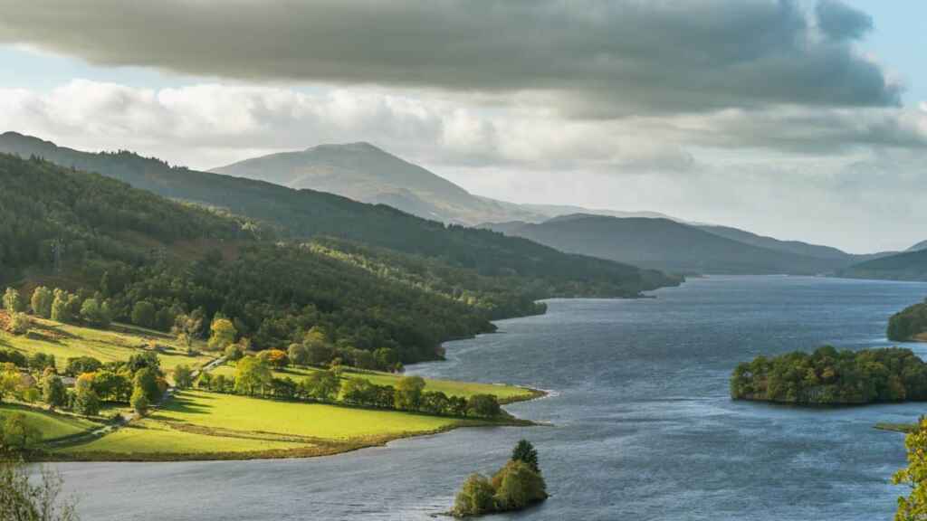 Loch Tummel towards iconic Schiehallion seen from viewpoint at Queens View Visitor Centre.
