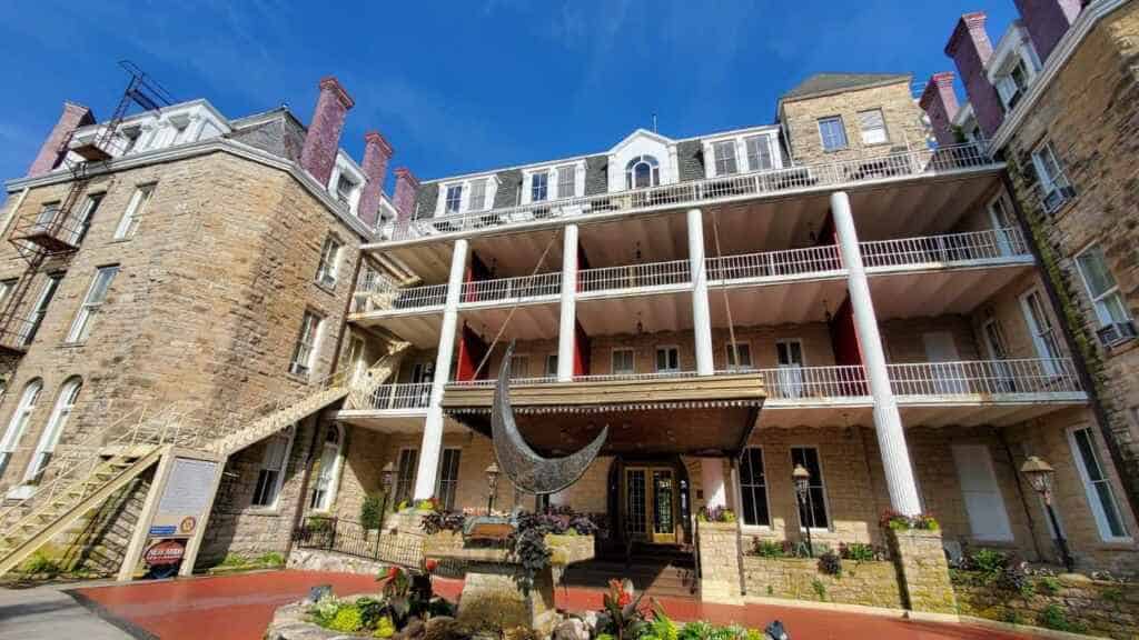 Eureka Springs, Arkansas, U.S.A - June 23, 2022 - The front exterior of the historic Crescent Hotel that was built in 1886