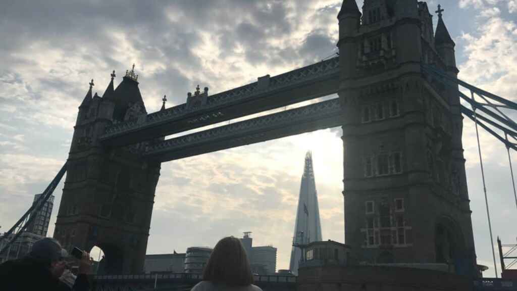 The Shard lined up inside the Tower Bridge in London, England
