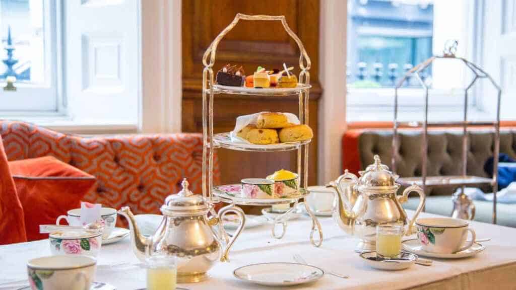 Afternoon tea set up in a cozy restaurant.