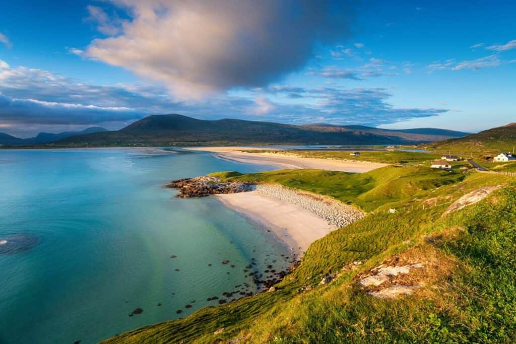 Looking across the Sound of Taransay to Luskentyre beach from Seilebost on the Isle of Harris in the Western Isles of Scotland no Mhor Island