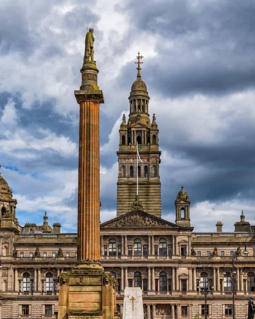 City Chambers And Scott Monument In Glasgow Scotland