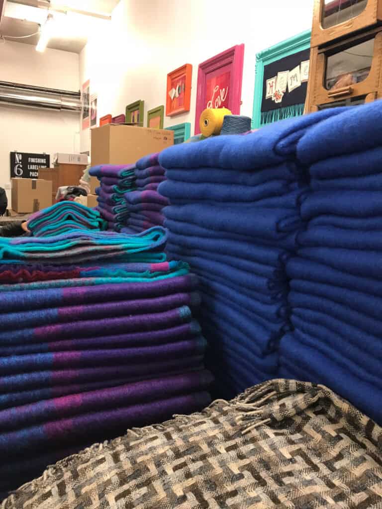 Stacks of brightly colored scarfs at Avoca Mills in Ireland