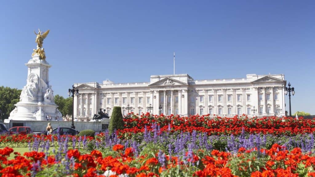 Buckingham Palace with Flowers Blooming in the Queen'S Garden