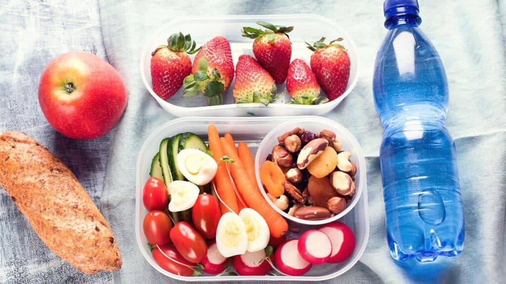 Healthy snacks and a water bottle