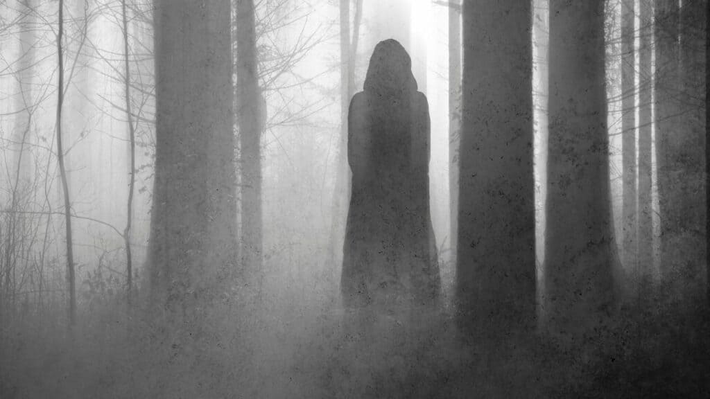Mysterious Woman Silhouette on a Foggy Spooky Forest