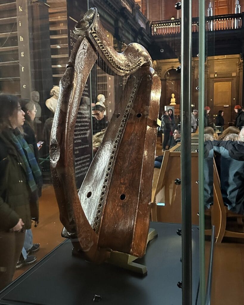 The Brian Boru Harp in the Long Room in Trinity College, Dublin, Ireland