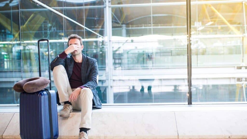 Man upset, sad and angry at the airport his flight is delayed
