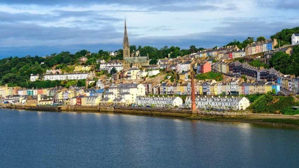 Coastal waters of the fishing village of Cobh, Ireland and St. Colmans Cathedral