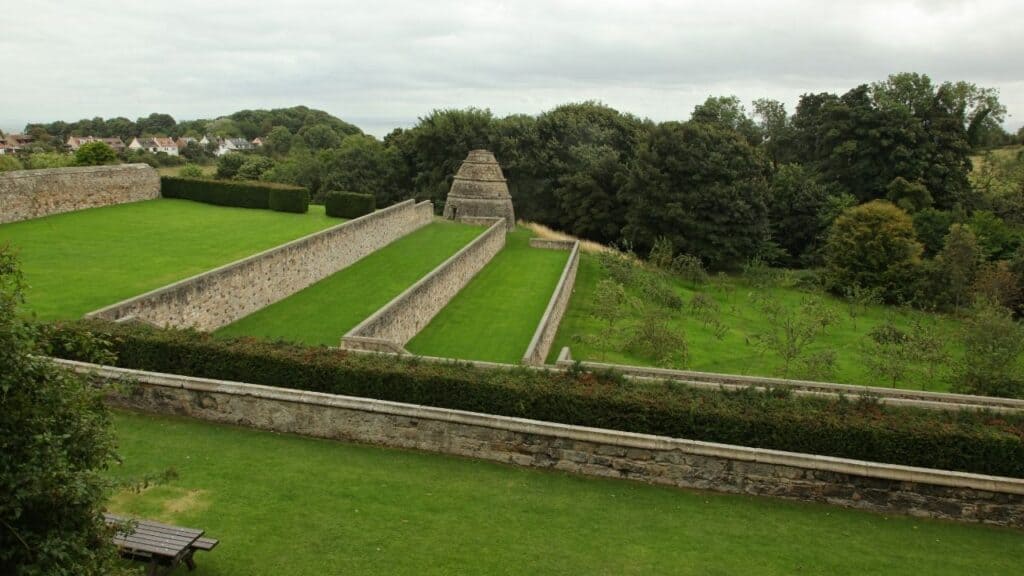 The Dovecote and garden terraces at Aberdour Castle, Fife, Scotland