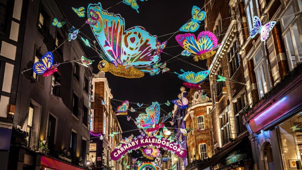 Carnaby Christmas decorations in 2021, Soho, London, UK
