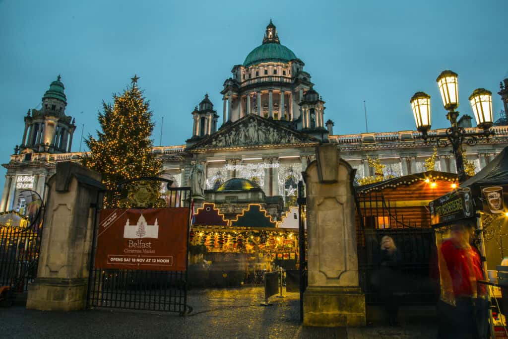 Belfast, Northern Ireland, Christmas market at Belfast city hall. A traditional festive market held yearly in the city hall gardens attracting many visitors